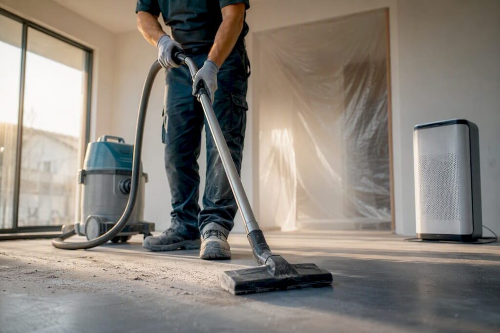 Cleaner vacuuming dust in renovated room
