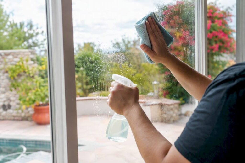 person cleaning window with microfiber cloth