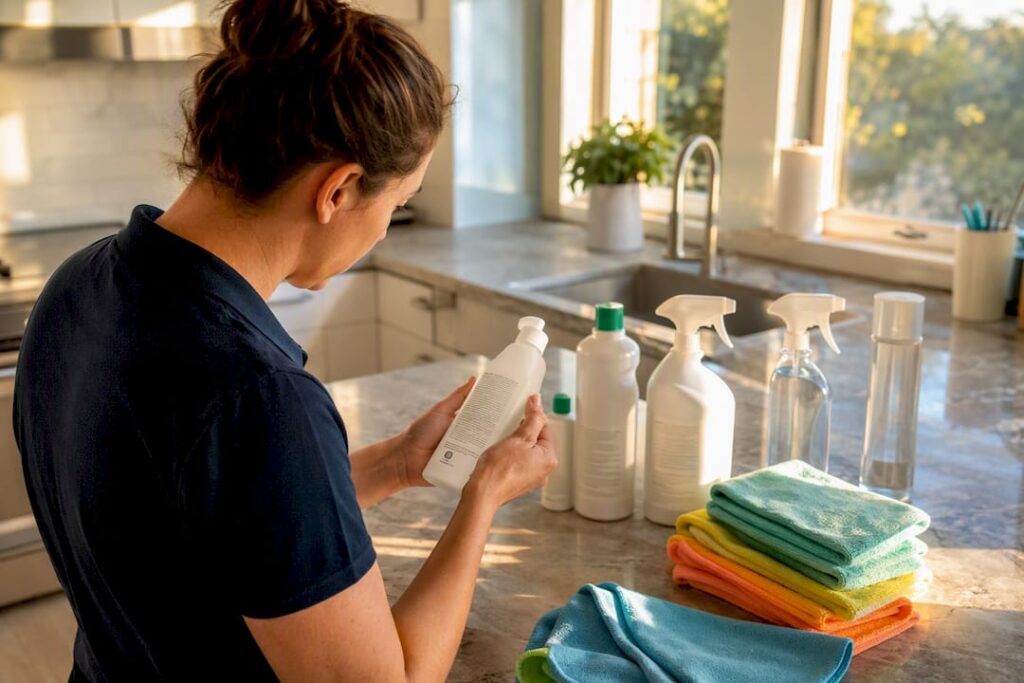 Hands inspecting green cleaning product labels