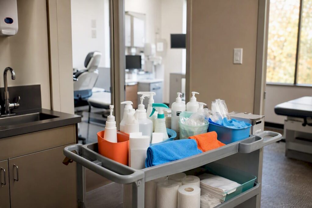 Medical office cleaning supplies on stocked cart