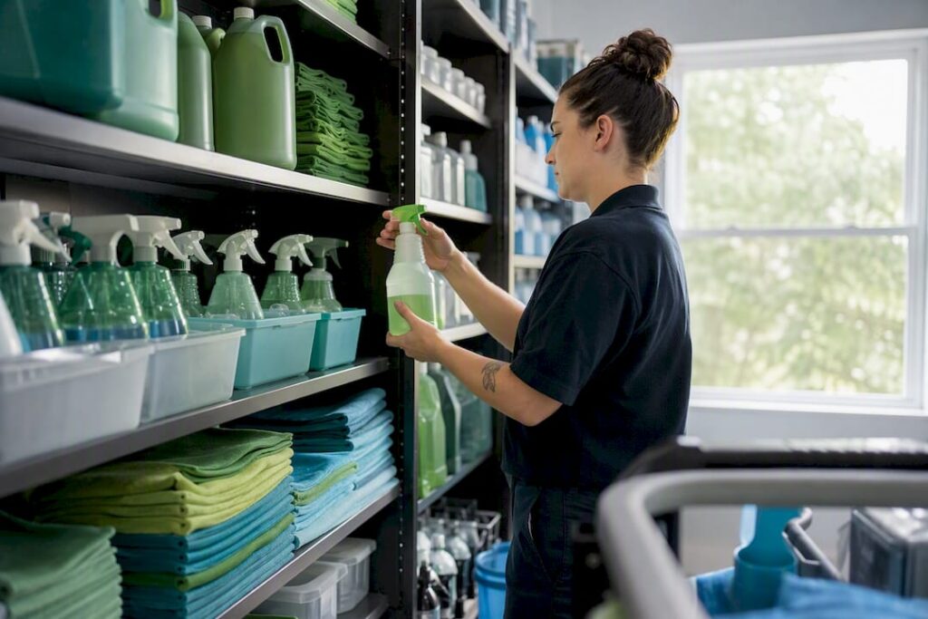 Non-branded green cleaning supplies on workbench