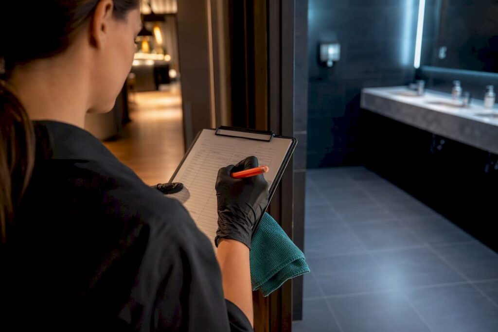 Staff member signing restroom cleaning log