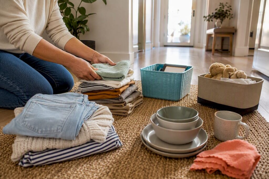 Hands sorting household items into four piles