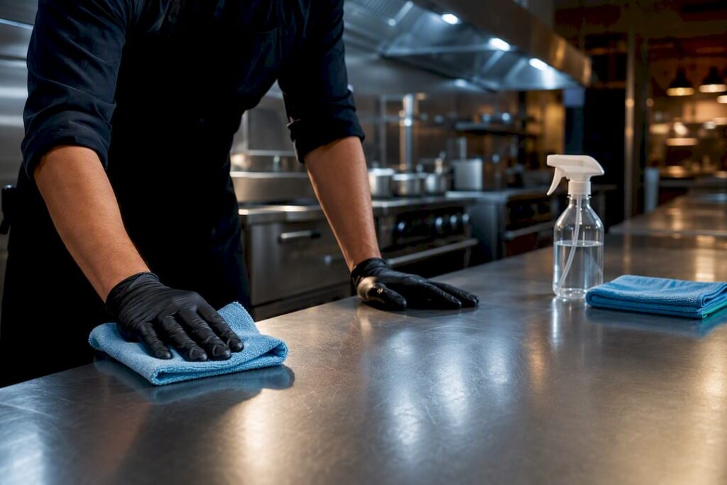 Manager cleaning a commercial restaurant kitchen surface