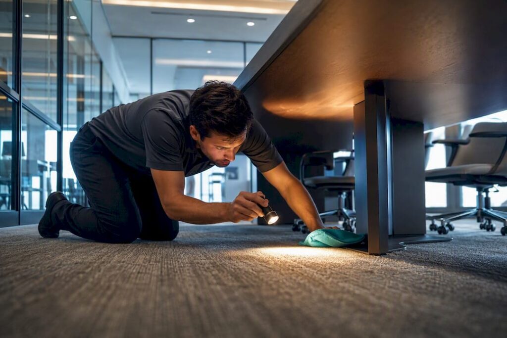 Cleaner inspecting beneath office furniture