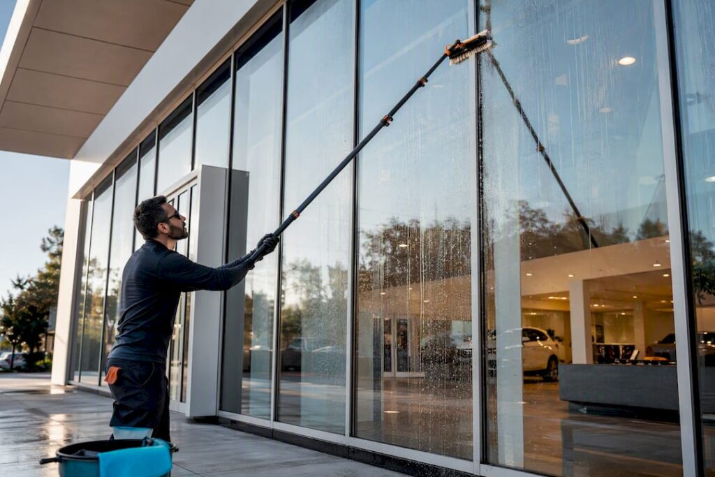Cleaner rinsing showroom glass with water-fed pole