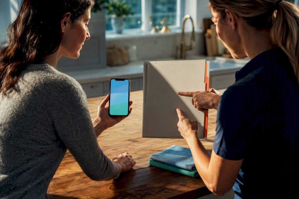 Homeowner verifying cleaning service insurance