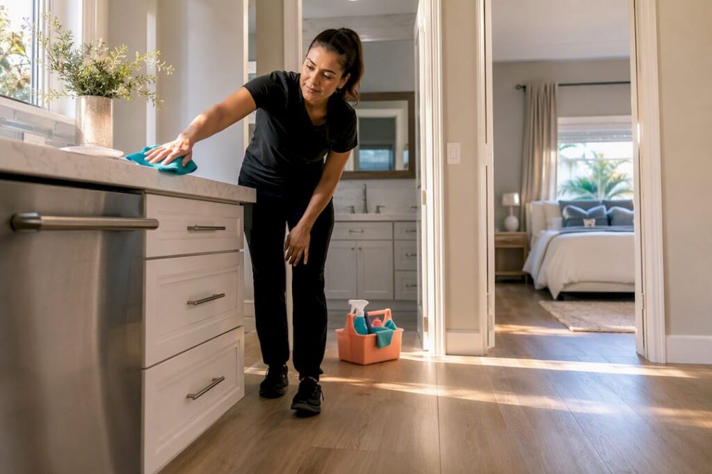 Professional cleaner deep-cleaning a bright home