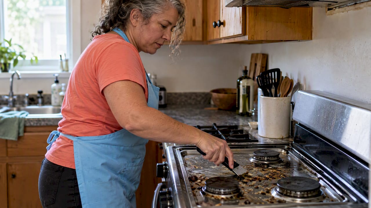 Cleaner scraping grease from a kitchen stovetop